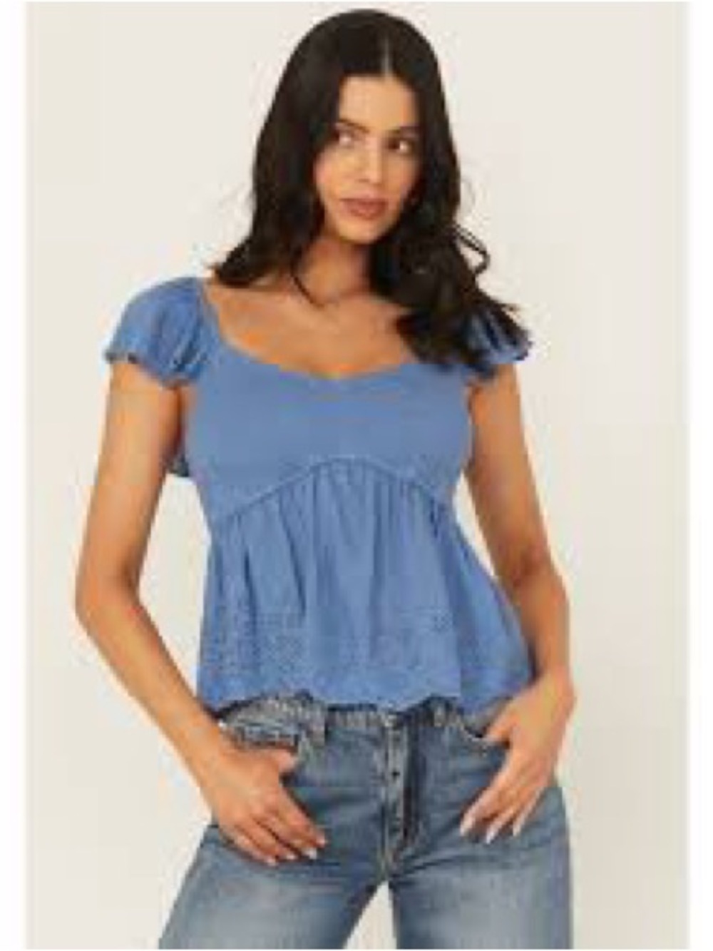Sky Blue Smocked Peplum Crop Top with Puff Sleeves